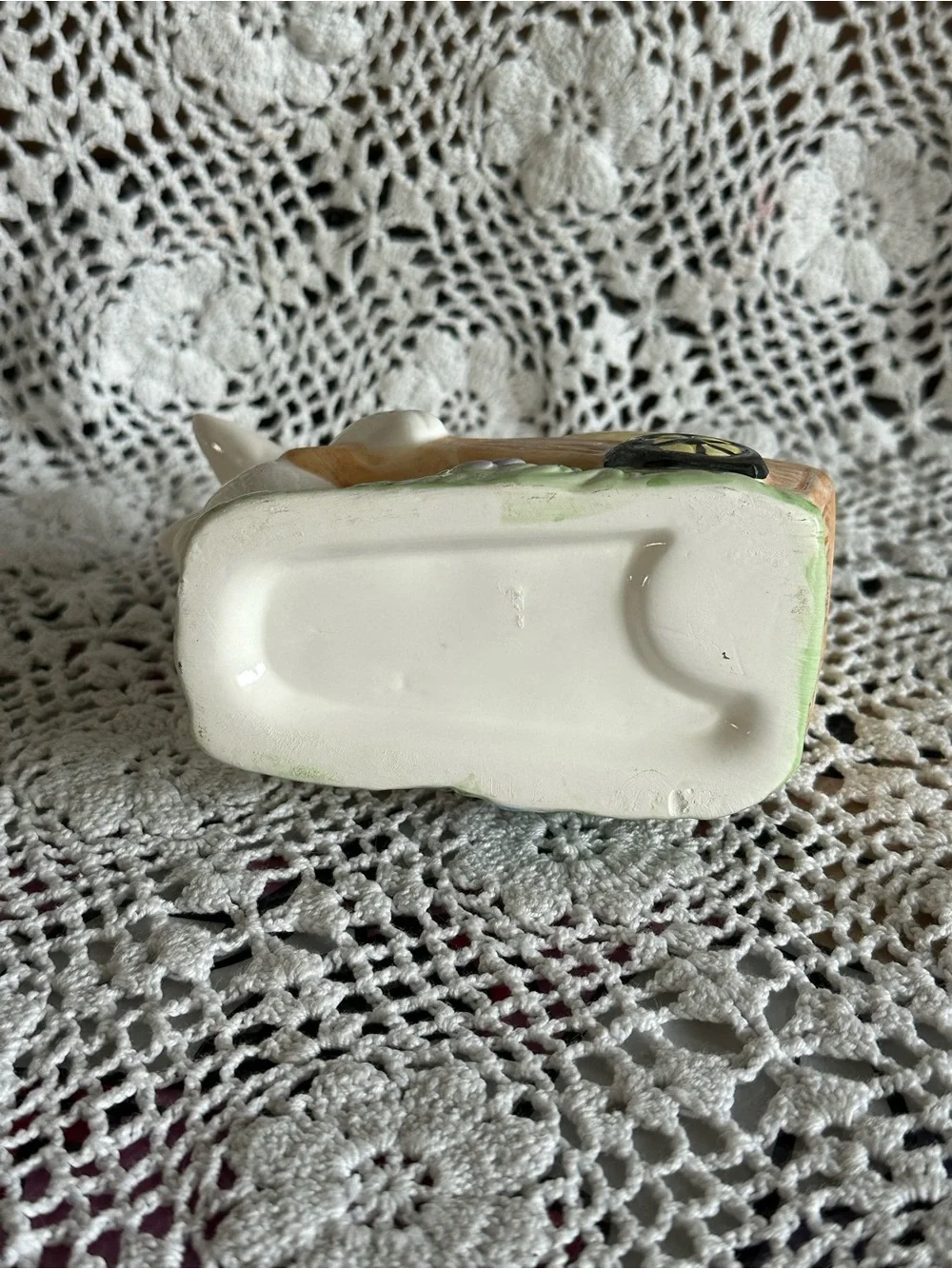 Vintage White Ceramic Bunny Planter with Yellow Egg Cart Wheel, Easter, Spring
